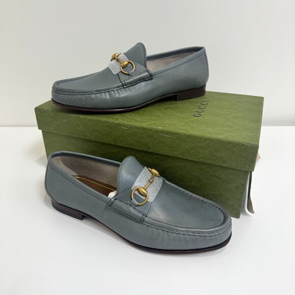 GUCCI Betis Glamour Leather Gold Horsebit Swamp Grey Loafer 10 NEW Shoes 1953